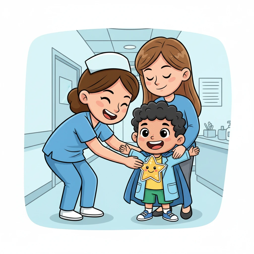 Para celebrar sua coragem, a enfermeira dá a Léo um adesivo brilhante de uma estrela feliz. Ele sorri, sentindo-se um verdadeiro super-herói que acabou de completar uma missão importante. Sua mãe lhe dá um abraço orgulhoso.