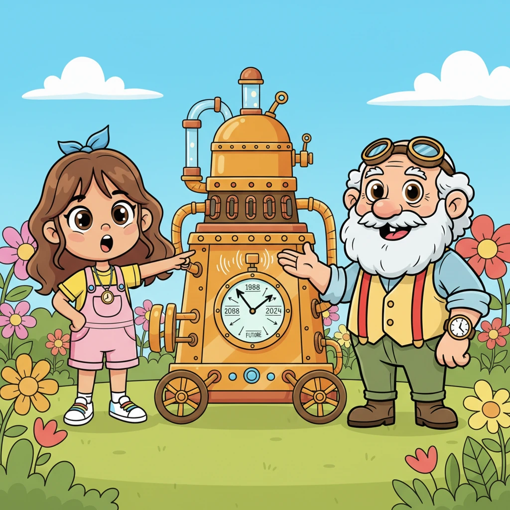 Daniela visits her grandparents on a bright, sunny day. She finds Grandpa Tomás beside a huge, quirky machine, buzzing softly with lights, wheels, and a strange clock showing years instead of numbers. Daniela's eyes widen with curiosity as she points to the "beep, beep, beep" contraption.