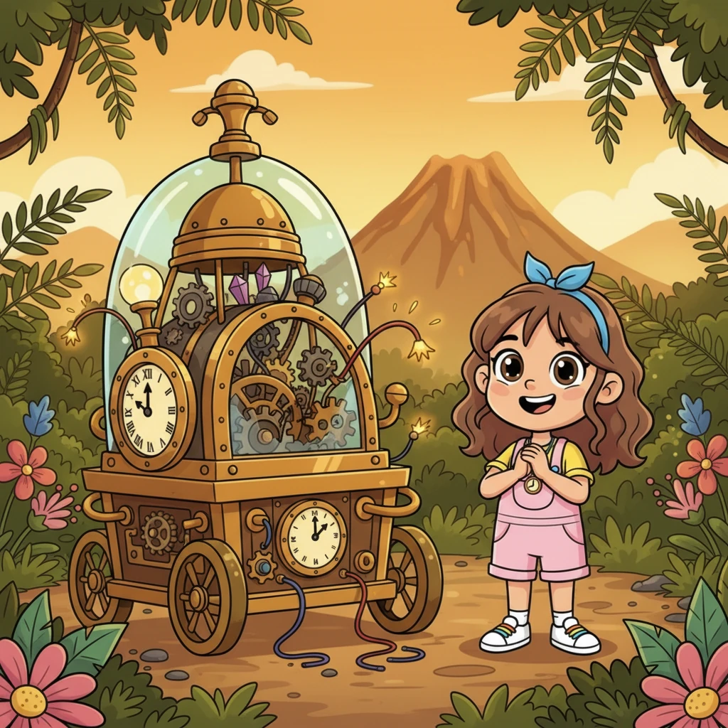 Grandpa Tomás smiles warmly, explaining it's his time machine, but it's broken and stuck in the past. He asks for Daniela's help to fix it so it can travel through all times. Daniela's face lights up, and she eagerly agrees to the grand adventure.