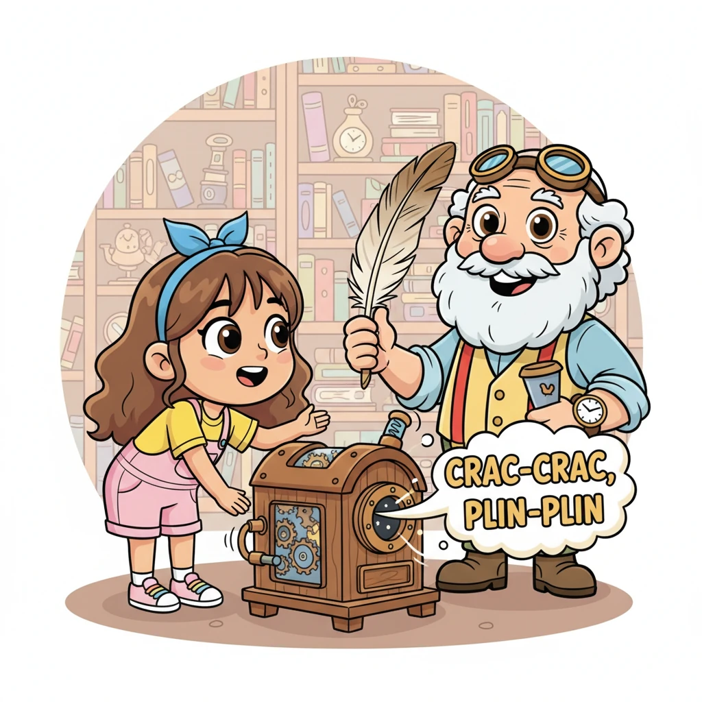 To begin, Grandpa explains they need to understand the past first. The machine rumbles, making "crac-crac, plin-plin" sounds, and out pops an ancient quill feather! Grandpa shows Daniela how children used these long ago, before modern pencils.