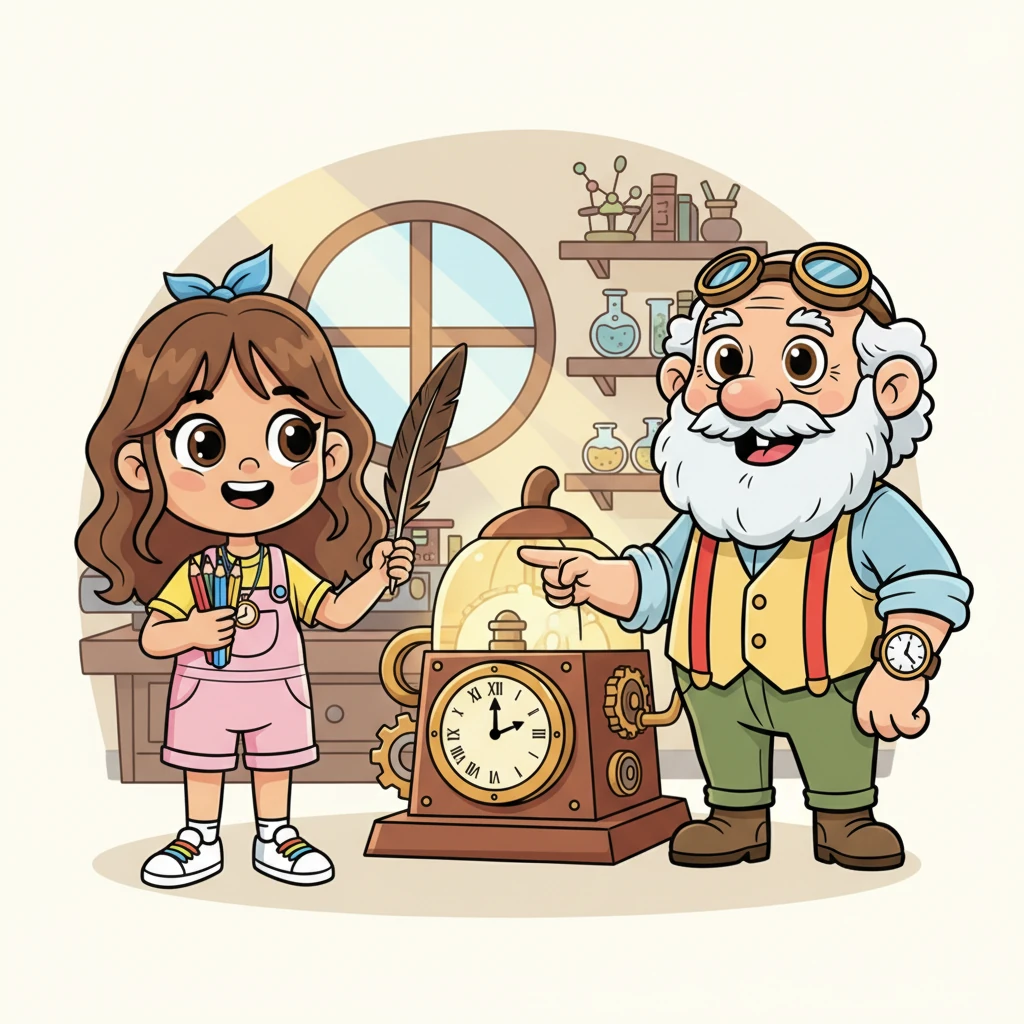 Daniela holds the long, slender quill, amazed, and compares it to her own short, colorful pencils. Grandpa explains that each old discovery makes the machine glow a little brighter and its clock years begin to move. Daniela excitedly offers to show the machine how children write today.