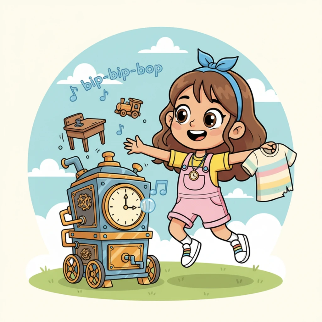 The time machine continues its playful journey through the past, revealing more charming old objects. A tiny wooden school desk, a faded vintage t-shirt, and a simple wooden toy tumble out one by one. Each time Daniela touches or compares these treasures, the machine playfully hums "bip-bip-bop," and its clock spins a little further.