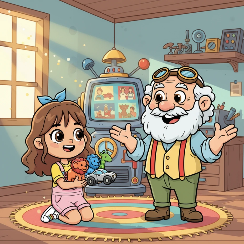 After several months, the machine is still only showing past years. Daniela wisely suggests it's time to teach it about life today. Grandpa Tomás beams, encouraging her to find objects she uses in her daily life. Daniela proudly presents colorful animal figures and a shiny, modern car.