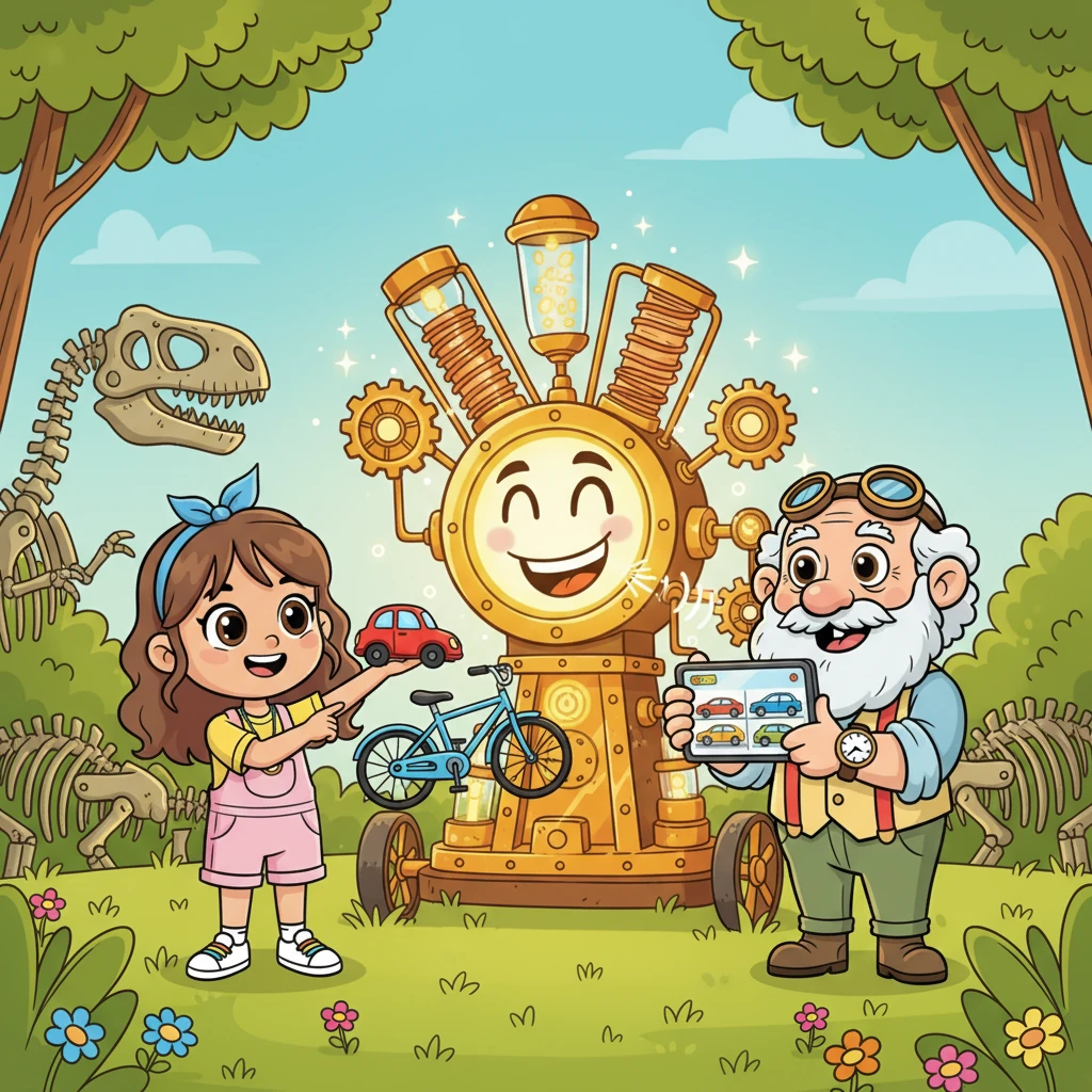 Daniela explains that dinosaurs no longer roam everywhere, and Grandpa adds how much cars and bicycles have evolved. With each modern object they show, the machine happily goes "bim-bam-brum" and shines even brighter. It looks much happier, almost fixed and ready for new adventures.