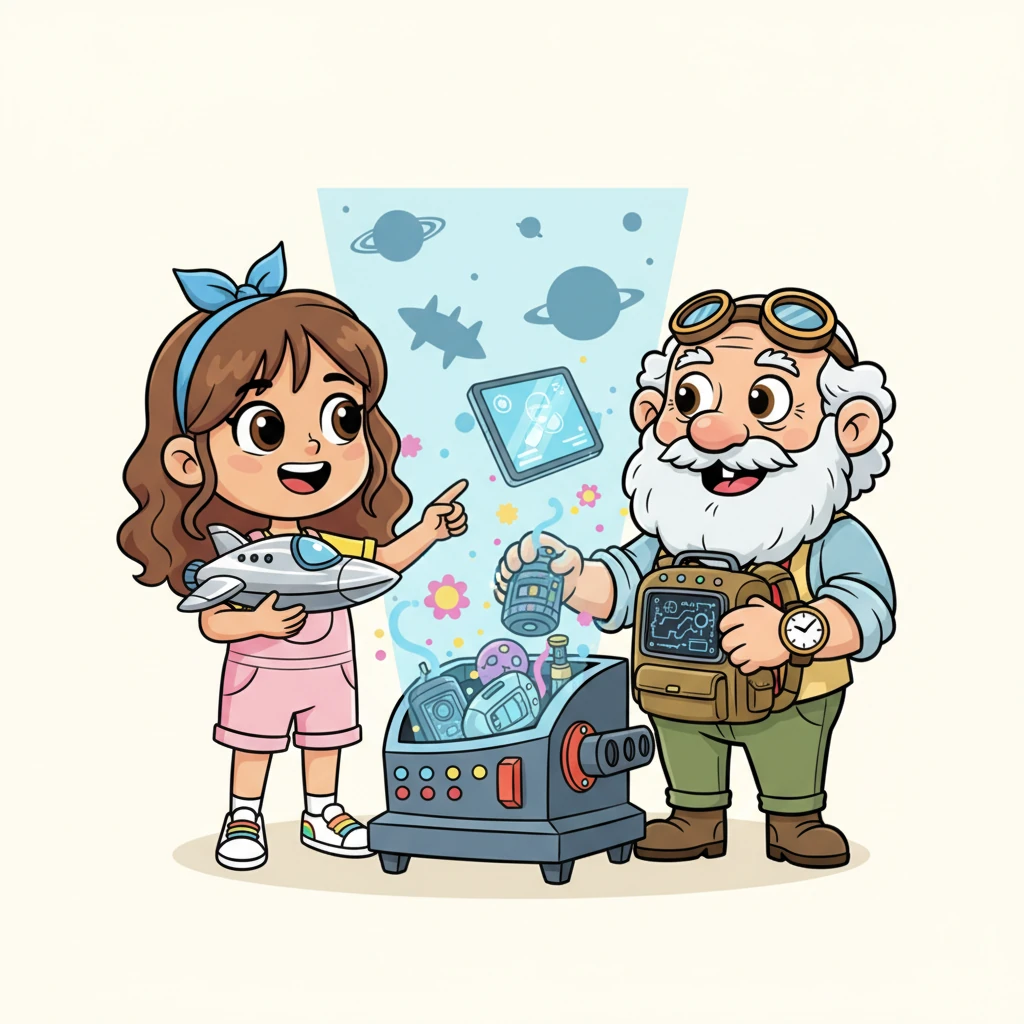 Daniela's imagination soars as she pulls out a sleek spaceship, a super cool flying backpack, and a futuristic computer. She explains to Grandpa that in the future, children will zoom through space and use incredible gadgets. As they place these fantastic items into the machine, it glows with a magical "plim-plam-plum."