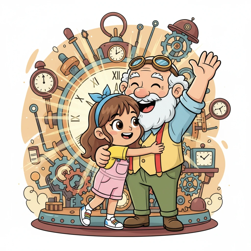 Together, they excitedly set the future years on the clock. The machine begins to glow brilliantly, spinning faster and faster, finally understanding the flow of time. "We did it, Daniela!" Grandpa Tomás exclaims joyfully as the machine hums perfectly. Daniela hugs him tight, realizing how everything connects: the past, the present, and the amazing future.