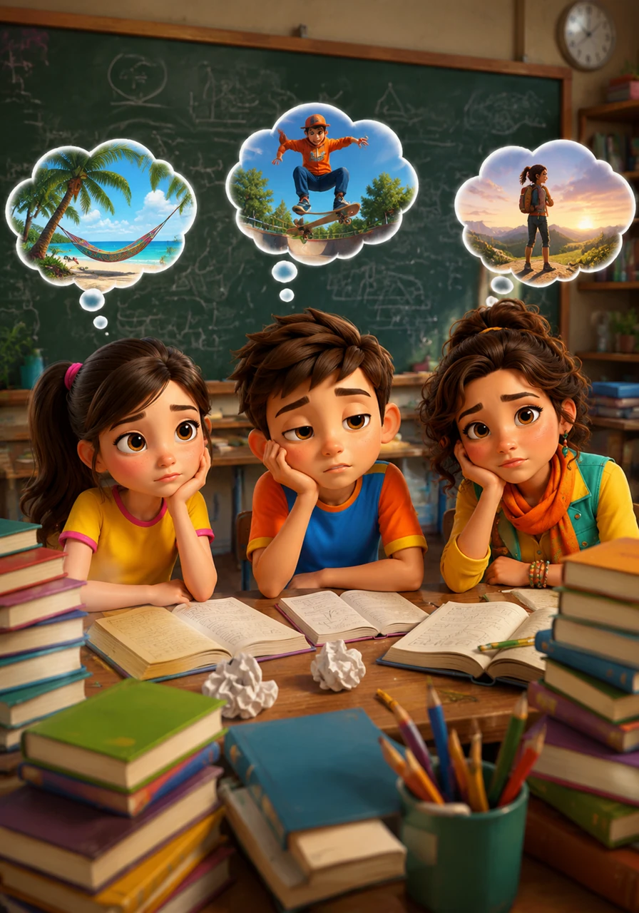 Hannah, Leon, and Hayden sit in a classroom surrounded by piles of books and complex math equations on the chalkboard, looking exhausted after a long week of school. They lean their heads on their hands, dreaming of something more exciting than endless handwriting and science lessons.