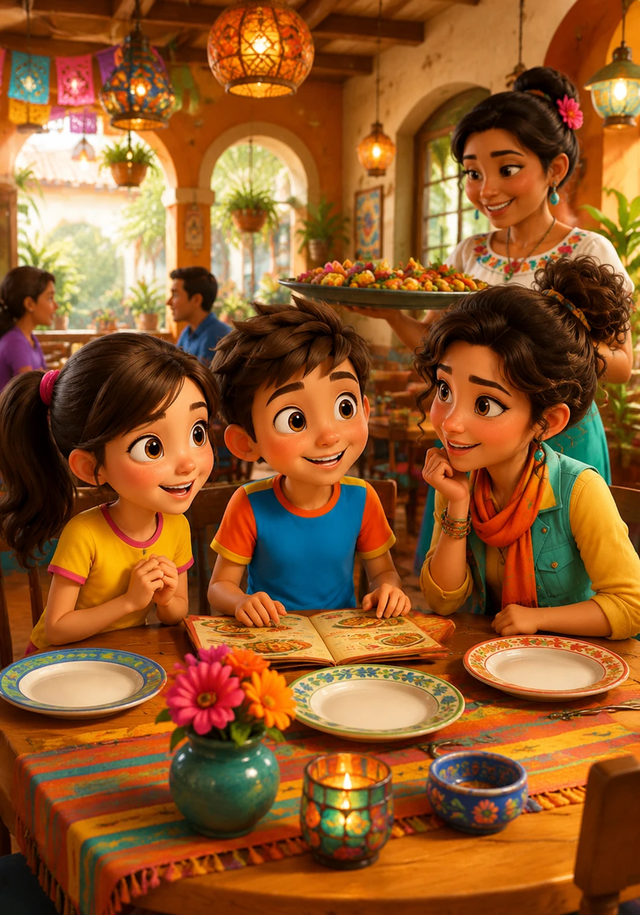 The mood shifts as the children arrive at a vibrant, sunlit restaurant with colorful decorations and cheerful staff. They sit together at a cozy table, their faces lighting up with anticipation as they prepare for a special meal away from their school desks.