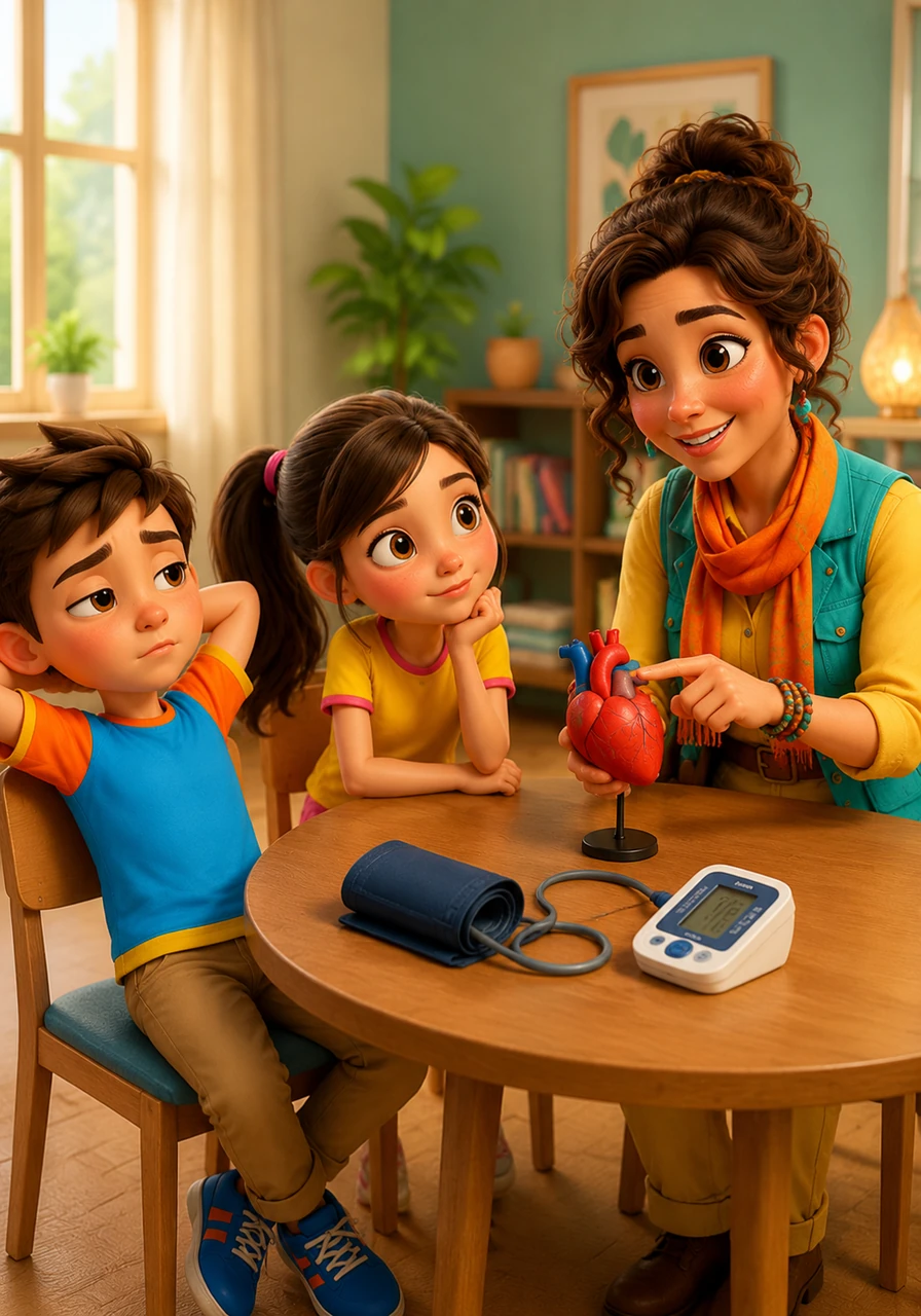 Sarah, a kind guide with a warm smile and bright eyes, joins them at the table to talk about health. Leon leans back with a skeptical, bored look while Hannah tilts her head curiously as Sarah introduces the topic of blood pressure.