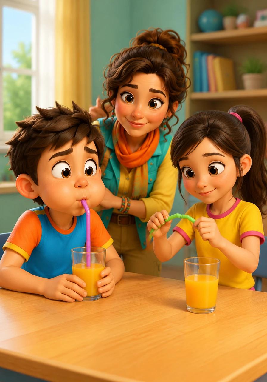 At the table, Sarah demonstrates the concept by gently squeezing a colorful straw while Leon tries to sip his juice. His cheeks puff out as he struggles to drink through the pinched straw, realizing how hard the heart has to work when the pressure is too high.