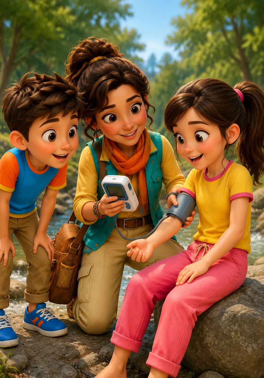 Sarah pulls a small, friendly-looking electronic device from her bag which she calls a river-checker. Hannah giggles as the soft cuff wraps around her arm for a gentle squeeze while Leon and Hayden watch the numbers appear on the digital screen.