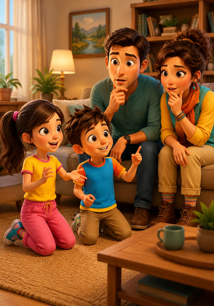 Back at home in their cozy living room, Hannah and Leon excitedly explain the story of the invisible river to their parents. The parents look surprised and thoughtful, realizing that their small messengers have brought an important life-saving lesson into their home.