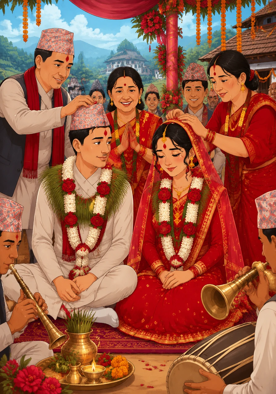 एउटा सुन्दर नेपाली गाउँमा पञ्चेबाजाको धुनसँगै राम र मायाको विवाह भइरहेको छ। रातो पहिरनमा सजिएकी दुलही र दौरा सुरुवालमा सजिएका दुलाहालाई आफन्तहरूले आशीर्वाद दिइरहेका छन्।