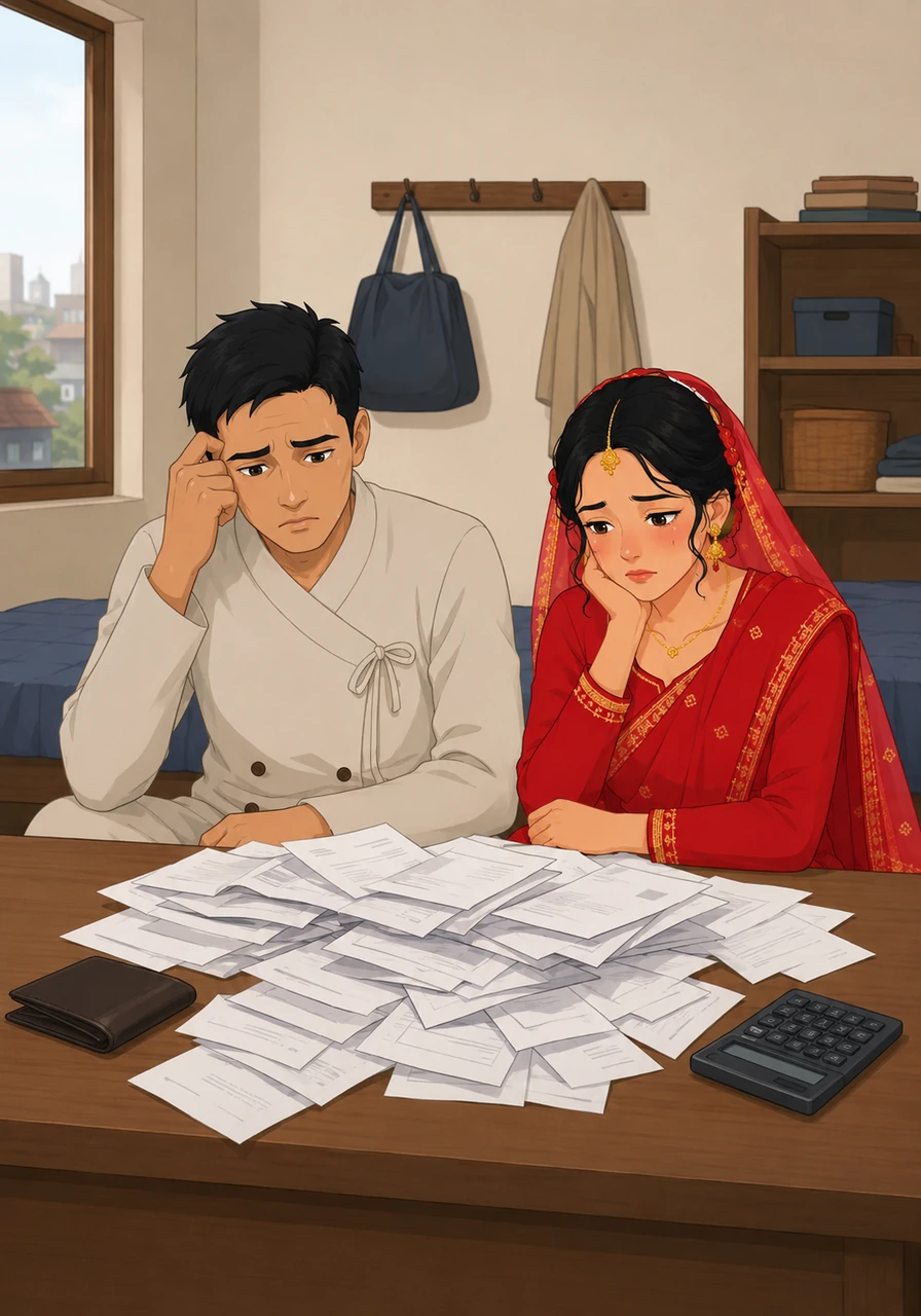 छ महिना बितेपछि कोठाको टेबलमा बिजुली र कोठा भाडाका बिलहरू थुप्रिएका छन्। राम र माया चिन्तित मुद्रामा बसेका छन्, जहाँ सीमित आम्दानीले जीवन चलाउन गाह्रो भइरहेको छ।
