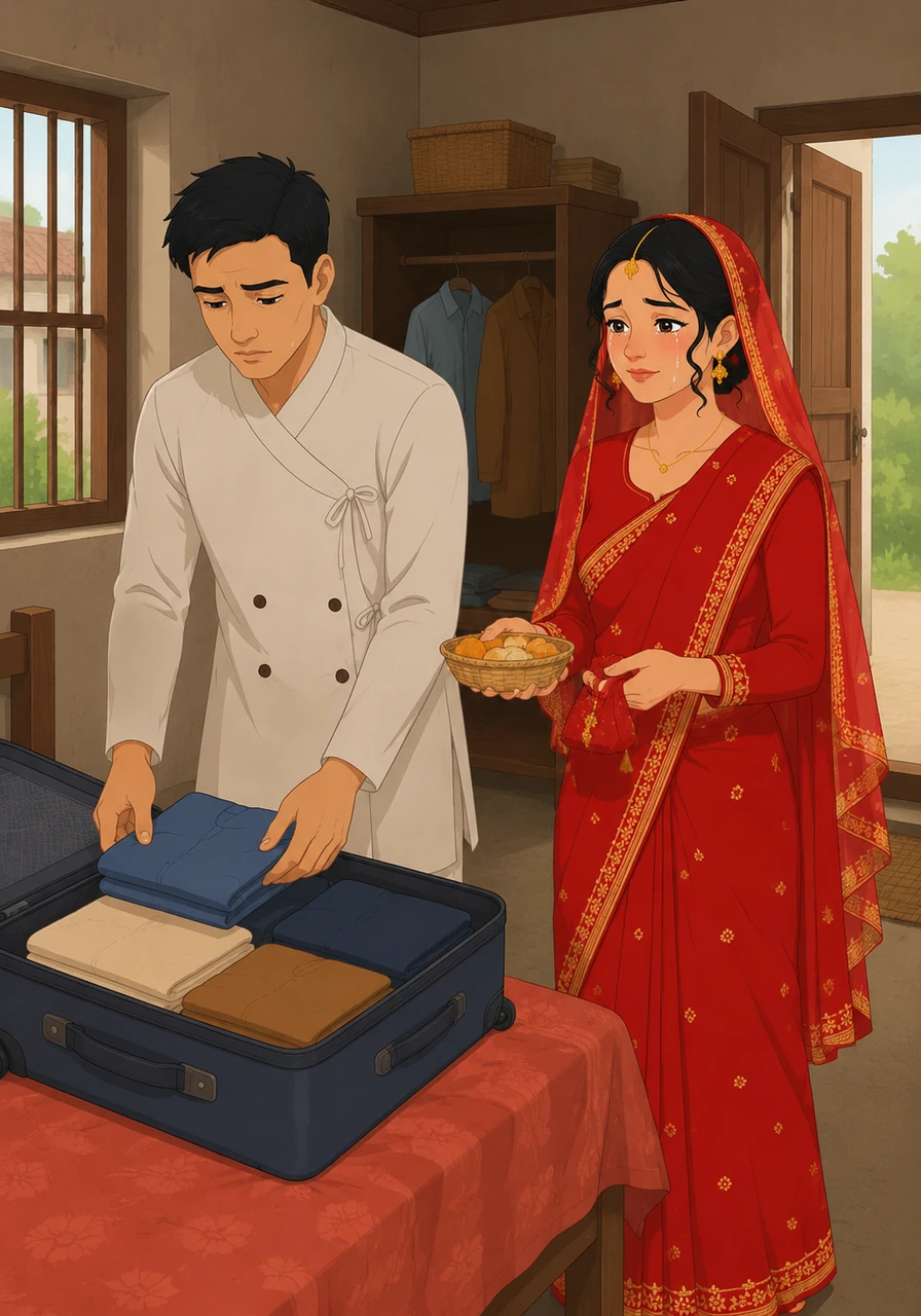 जाने दिन नजिकिँदै गर्दा रामले आफ्नो सुटकेस प्याक गर्छन् र मायाले रुँदै उनलाई केही खानेकुरा र मायाको चिनो दिन्छिन्। उनीहरूको मन भारी छ तर भविष्यका लागि यो यात्रा अनिवार्य बनेको छ।