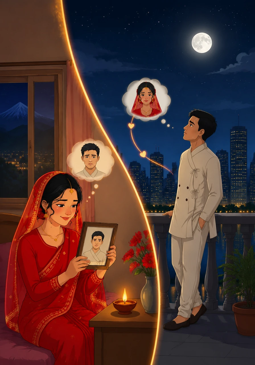 नेपालमा मायाले रामको फोटो हेर्दै मुस्कुराउँछिन् भने विदेशमा रामले आकाशको चन्द्रमा हेर्दै मायालाई सम्झन्छन्। उनीहरूको प्रेमले दूरीलाई जितेको छ र उनीहरू एक सुखद पुनर्मिलनको प्रतीक्षामा छन्।