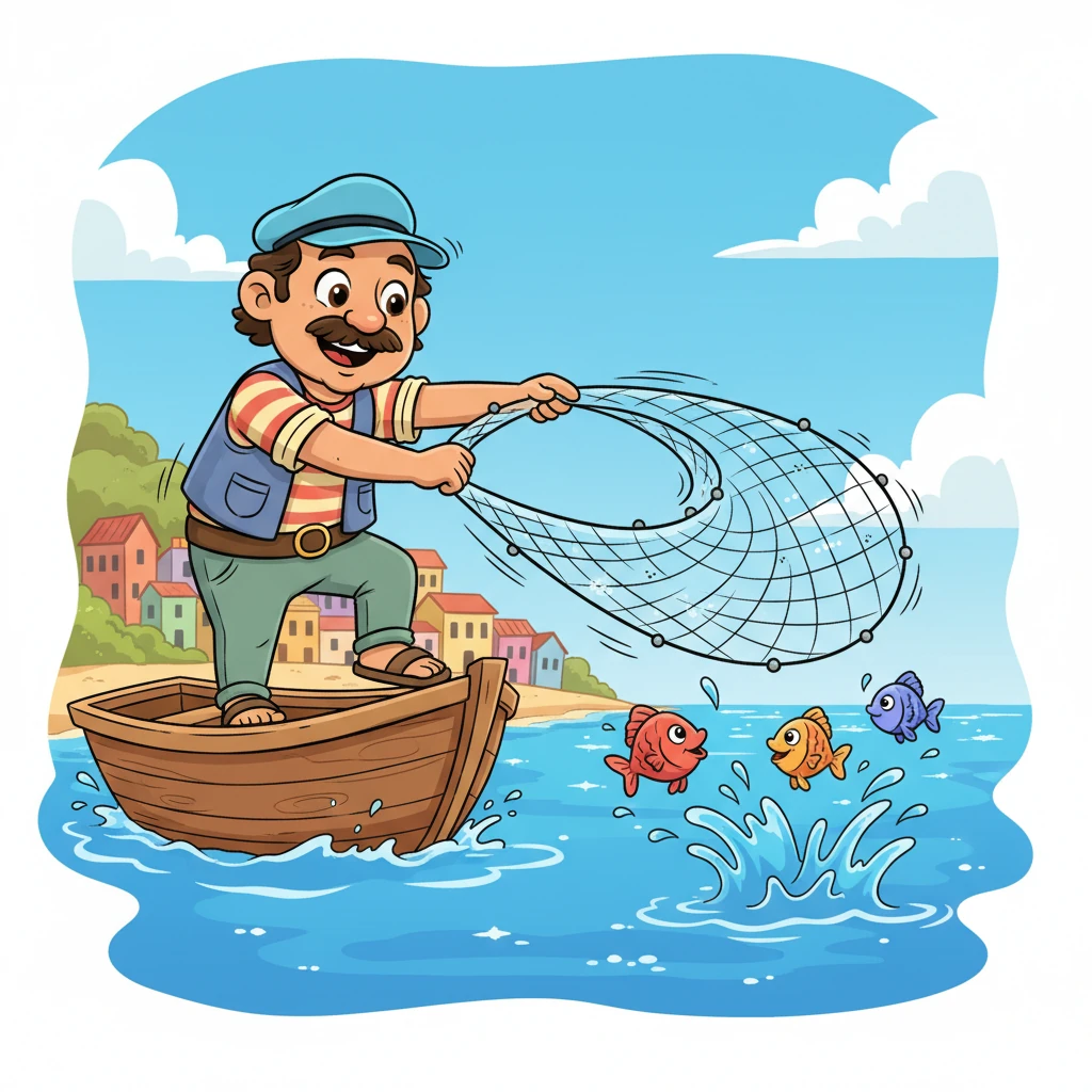 En un pequeño y soleado pueblo costero, Andrés, un pescador amable, se balancea en su vieja barca. Con una sonrisa esperanzada, lanza su red al mar azul brillante, donde peces de colores saltan juguetonamente.