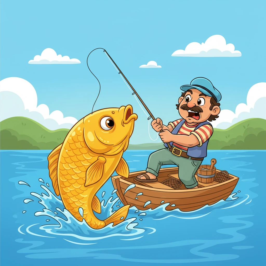 De repente, un tirón fuerte y sorprendente sacude la barca de Andrés. Con un gran esfuerzo y músculos tensos, logra subir una carpa dorada, resplandeciente como el sol, que lo mira con ojos grandes y expresivos, como si fuera a hablar.