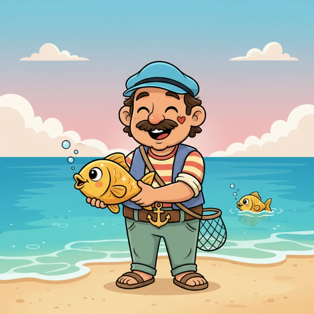 La carpa dorada, con una voz suave y melodiosa, le pide ser liberada. Andrés, con su gran corazón, sonríe y la devuelve al mar sin pedir nada a cambio, viendo cómo se aleja nadando felizmente.