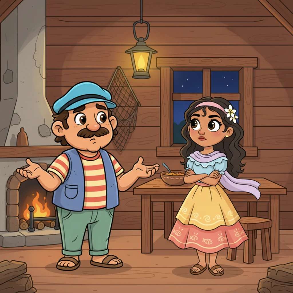 Al regresar a su humilde cabaña, Andrés le cuenta la increíble historia a su esposa, Sofía. Ella, con una expresión de ambición creciente, lo regaña por no haber pedido una casa nueva o un carro mejor, sus ojos brillando con avaricia.