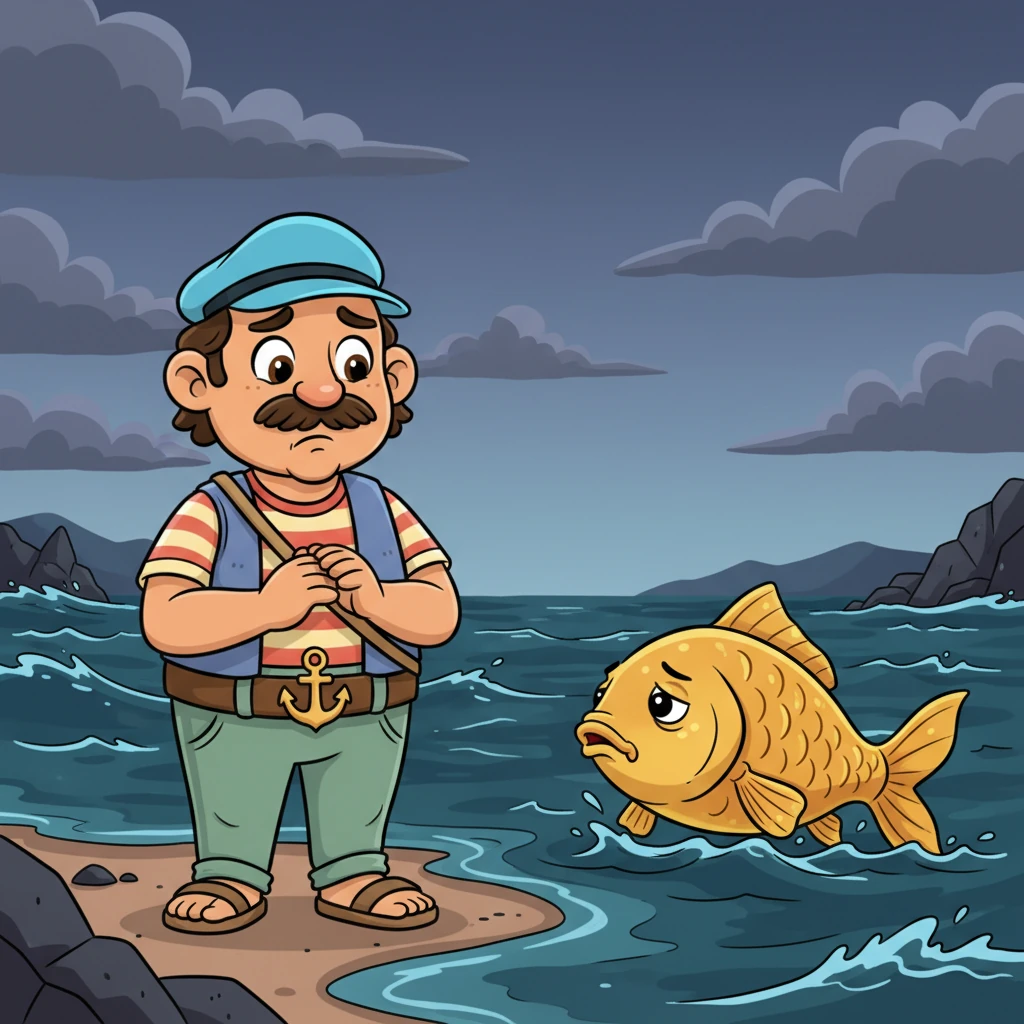 Sintiéndose culpable, Andrés regresa a la orilla del mar turbio y oscuro. Llama a la carpa dorada, que aparece con una expresión de tristeza, y Andrés, influenciado por Sofía, pide tímidamente una casa nueva.