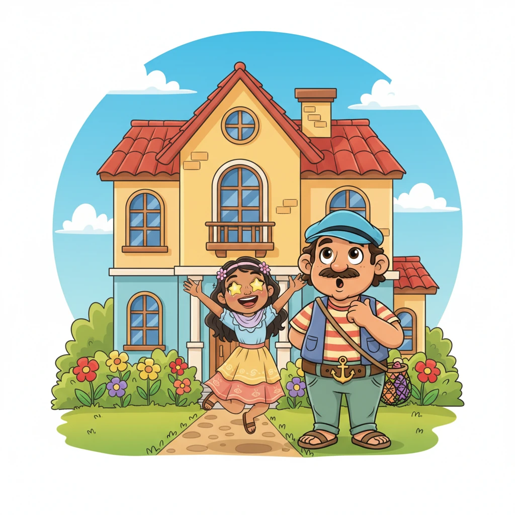 Andrés y Sofía se encuentran frente a una hermosa casa de dos pisos, con un jardín florecido, donde antes estaba su pequeña cabaña. Sofía salta de alegría, pero Andrés mira la nueva casa con una mezcla de asombro y preocupación.