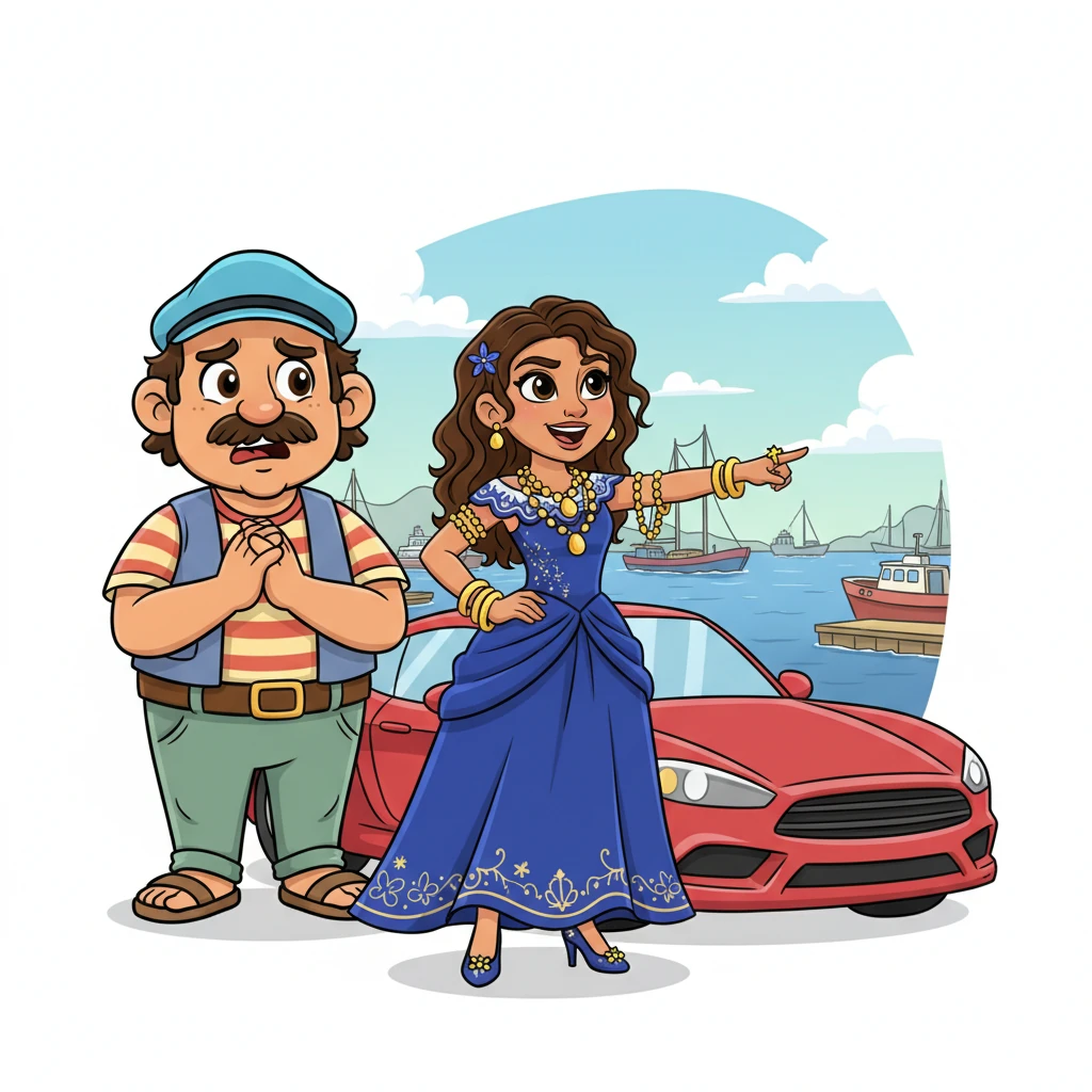 La ambición de Sofía no conoce límites. Ahora, está rodeada de lujos: un coche reluciente, joyas brillantes y ropa de diseñador. Andrés la observa con una creciente ansiedad, mientras ella exige aún más, señalando el puerto con avidez.