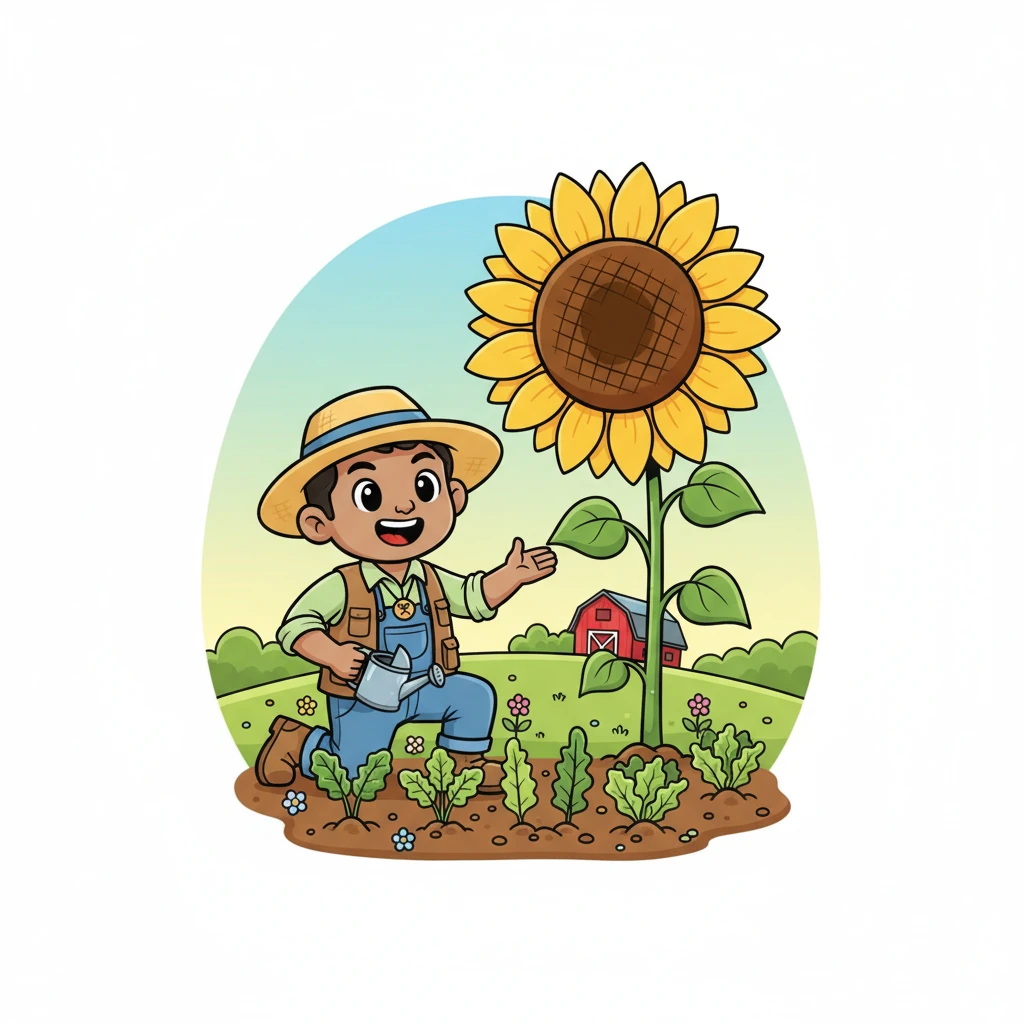 Meet Sunny Seed, a super cheerful farmer with a tiny, colorful patch of land and a big, bright dream. His little farm was bursting with potential, even if it was just a few rows of wobbly greens and a very enthusiastic sunflower.