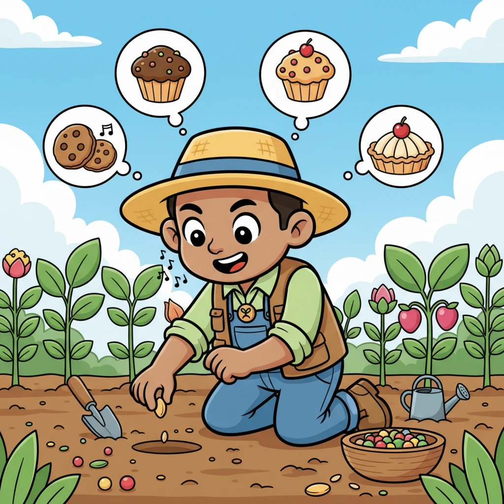 Every morning, Sunny carefully planted tiny seeds, whispering encouraging words to each one. His face was always full of hope and determination, imagining the delicious treats they would become.