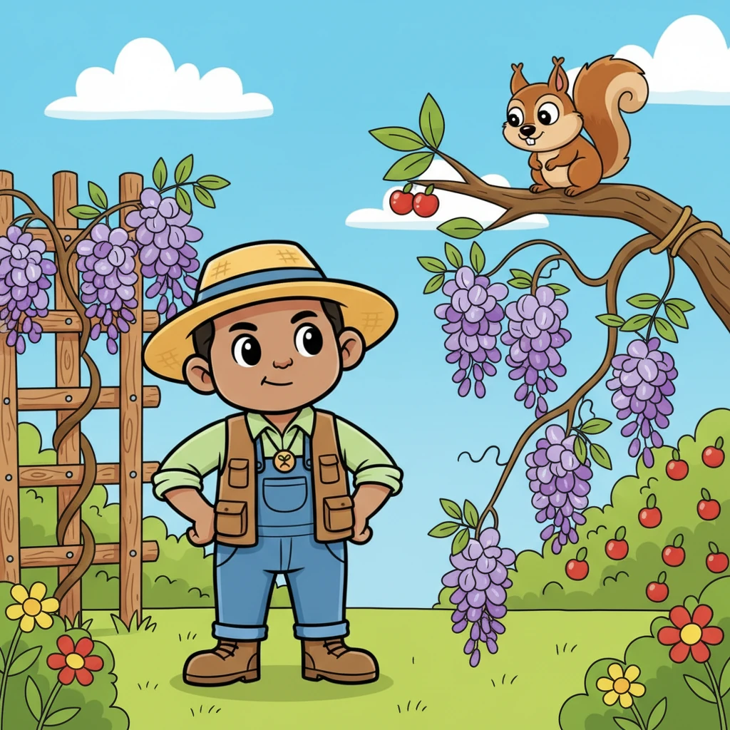 One sunny afternoon, a funny challenge appeared! His wobbly wisteria vine refused to climb, leaning lazily to one side. A mischievous little squirrel also seemed to be eyeing his sweetest berries.