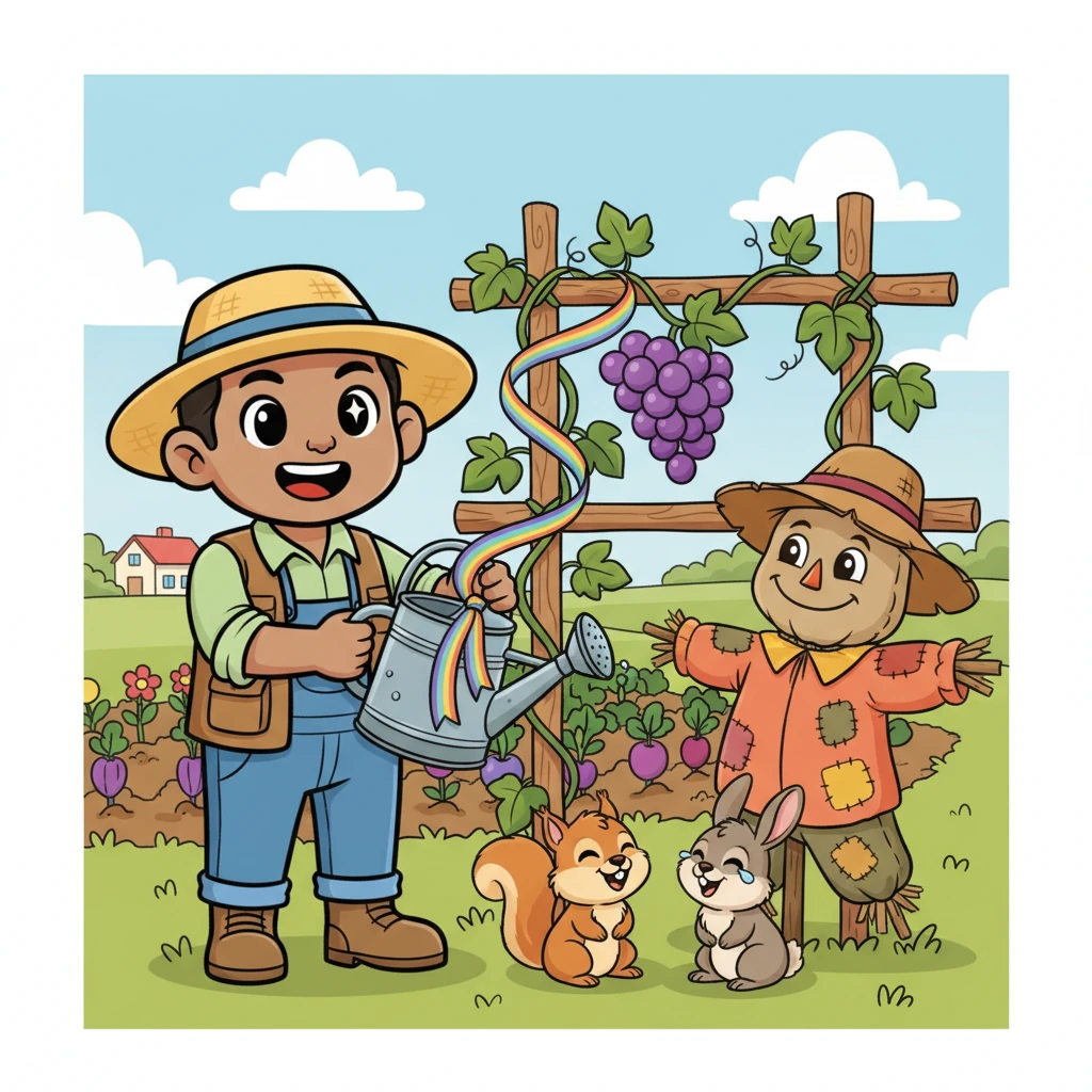 Sunny scratched his head, then a brilliant twinkle lit up his eye. He devised a clever, whimsical solution using an old watering can and a rainbow-colored ribbon to guide the vine, and a friendly scarecrow to keep critters giggling, not nibbling.