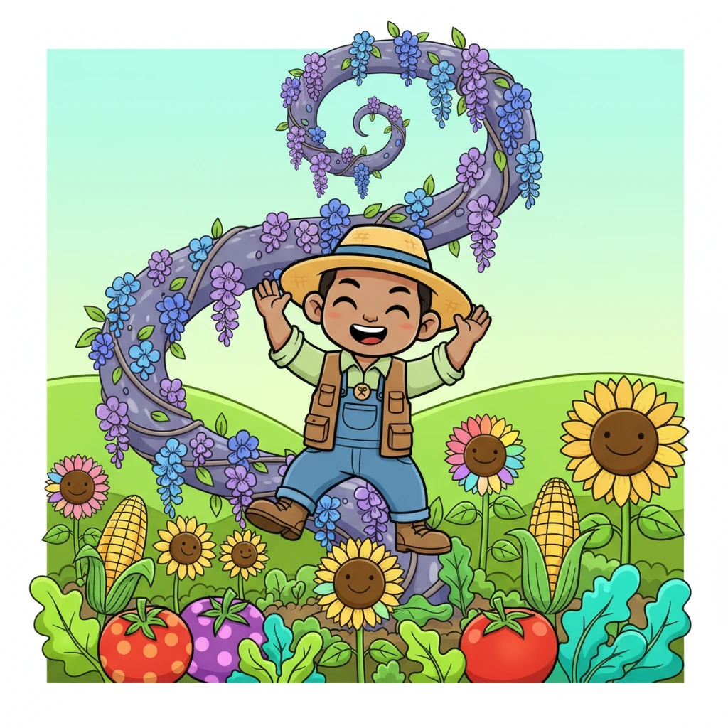His ingenious idea worked perfectly! The wisteria vine twirled upwards in a happy spiral, and his crops burst forth in vibrant, exaggerated colors, looking super healthy and completely joyful.
