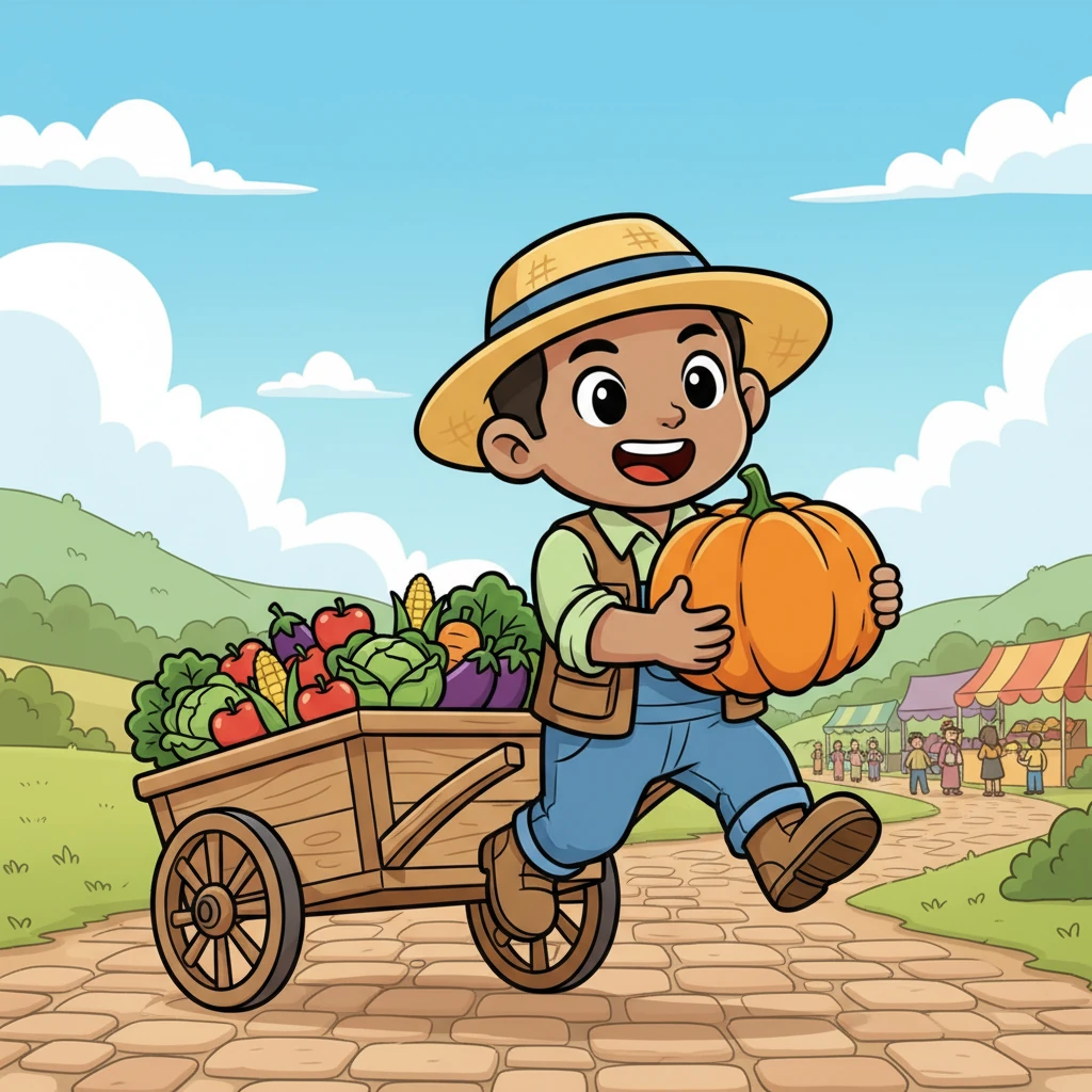 With a skip in his step, Sunny loaded his charming, slightly wobbly cart with his splendid, freshly picked produce. He was off to the bustling local market, his heart full of anticipation.