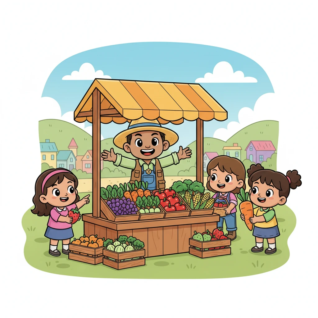 Neighbors eagerly gathered around Sunny's colorful stall, their eyes wide with delight at the fresh, delicious fruits and vegetables. Everyone loved the taste of Sunny's Sprouts!
