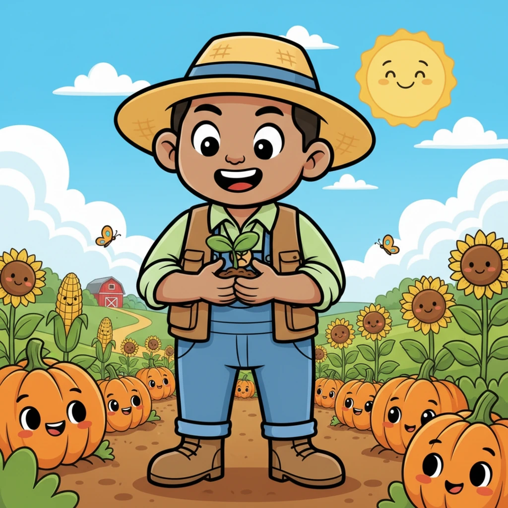 Sunny stood amidst his flourishing farm, a tiny sprout held gently in his hand, ready for more adventures. He knew every little seed held a big, wonderful future, promising endless sunny days ahead.