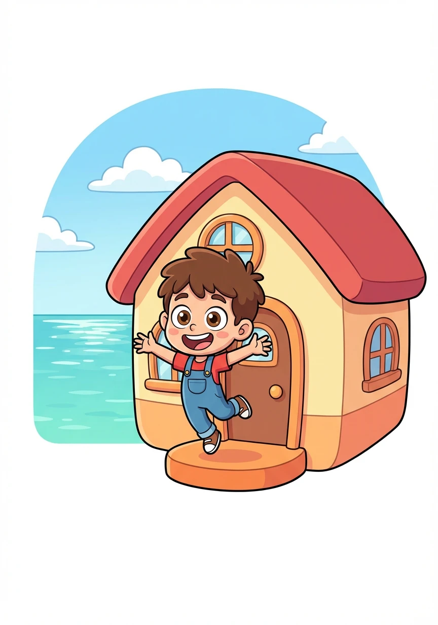 In a cozy little house painted in sunny yellows and oranges, near a shimmering turquoise sea, lived a young boy named Rory. He was usually full of boundless energy and laughter, always ready for an adventure.