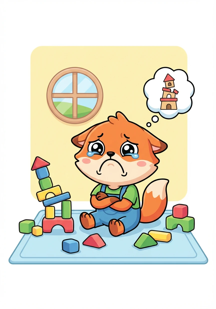 One afternoon, while building a magnificent tower of blocks, Rory's creation tumbled down just as he placed the final piece. A wave of frustration washed over him, turning his smile upside down.