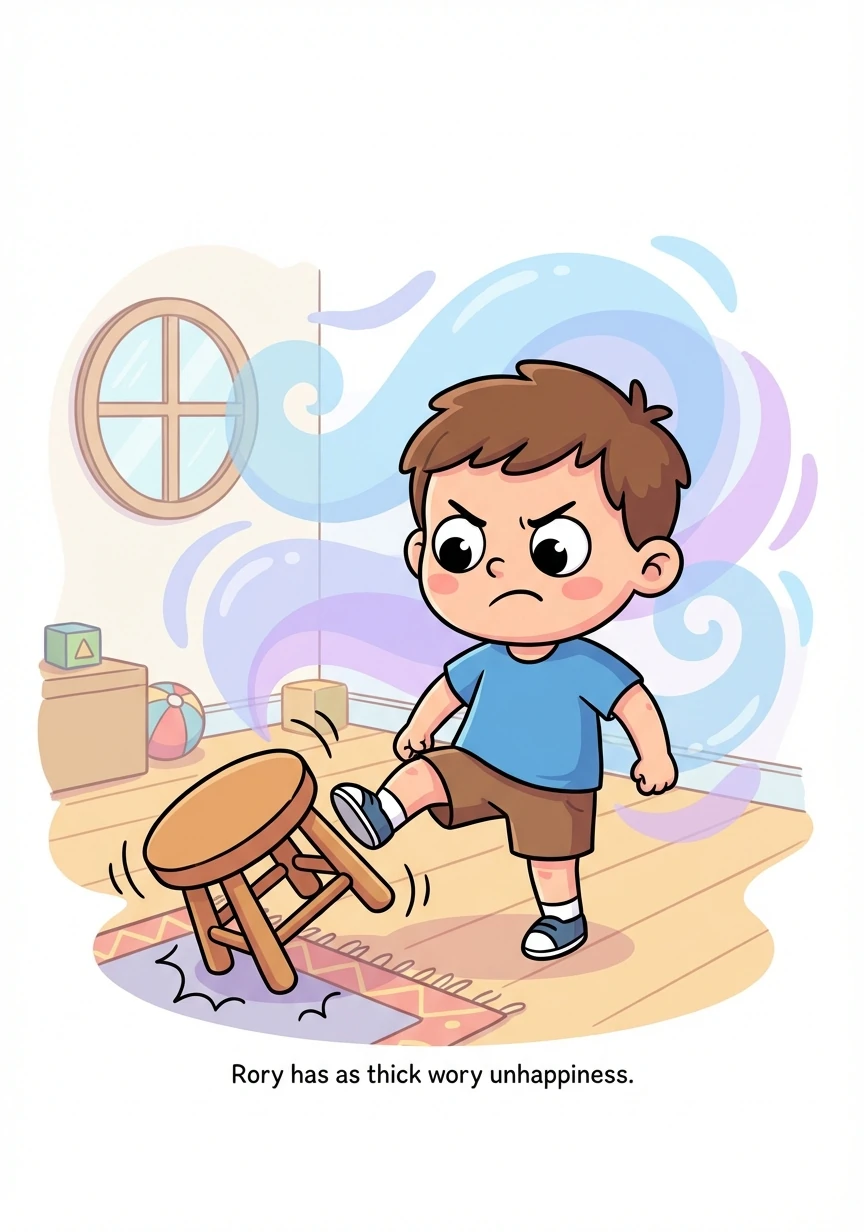 In a fit of frustration, Rory kicked a small wooden stool. It clattered to the floor, landing with a thud near his feet. The air in the room felt thick with his unhappiness.