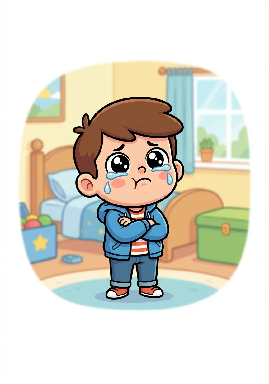 He crossed his arms tightly, his mouth forming a stubborn pout. Tears welled up in his eyes, blurring the familiar shapes of his room. He felt utterly alone and misunderstood.