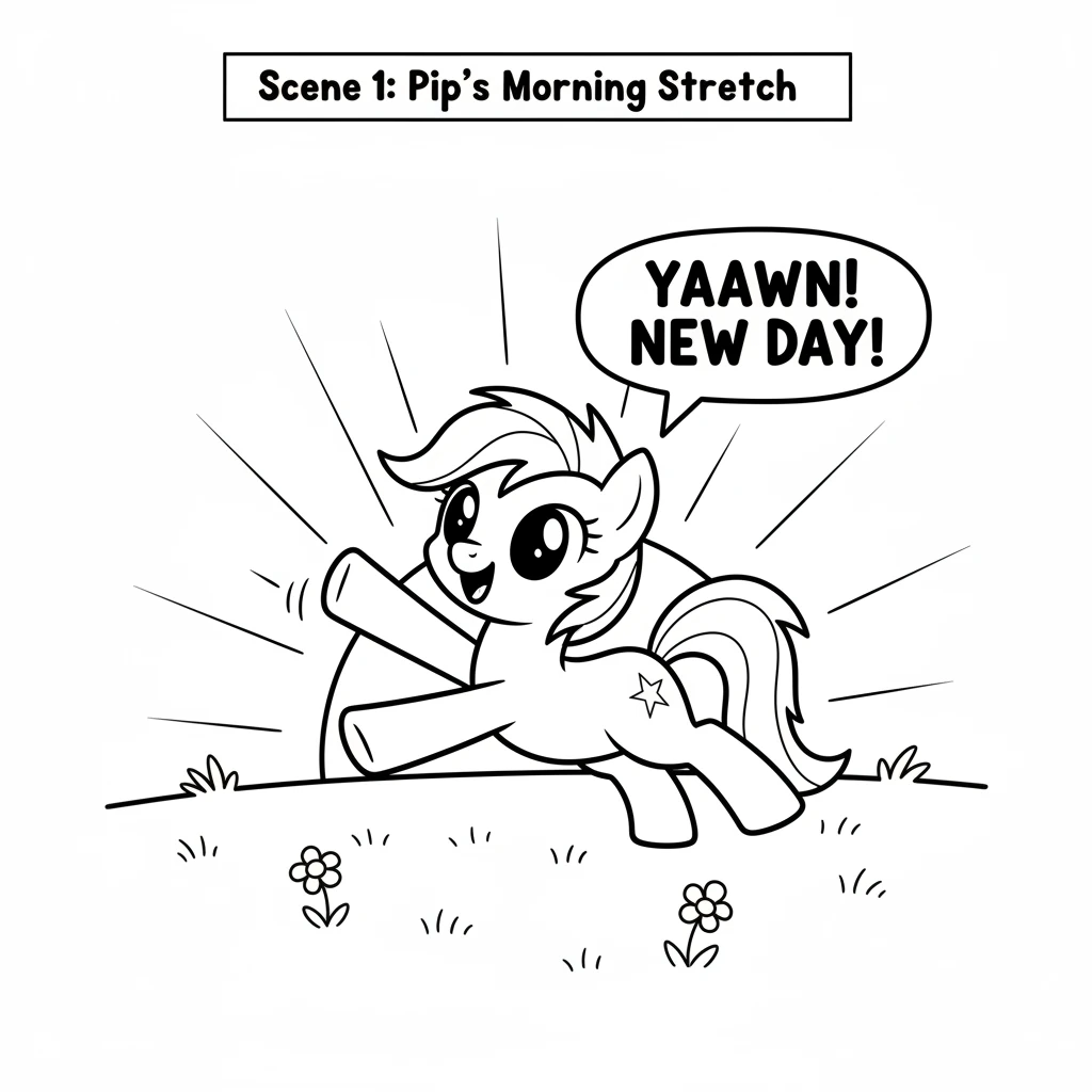 Pip, a small, cheerful pony, woke up in a bright green meadow. The sun shone warmly on Pip's soft mane. Pip stretched four little legs, ready for a ne