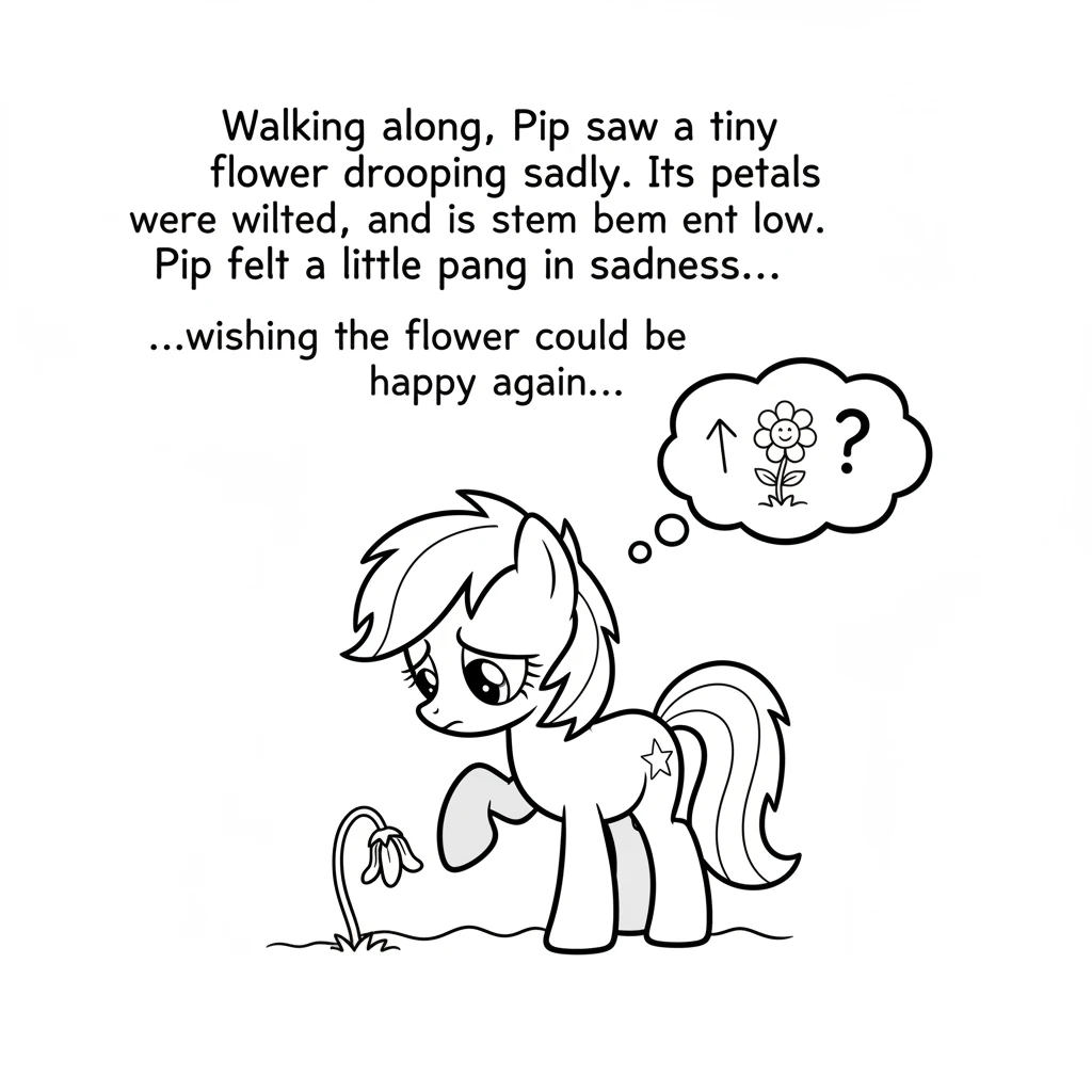 Walking along, Pip saw a tiny flower drooping sadly. Its petals were wilted, and its stem bent low. Pip felt a little pang of sadness, wishing the flo