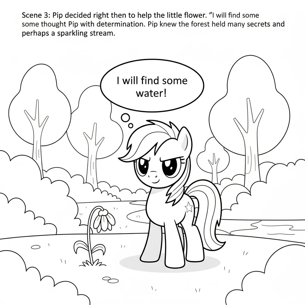 Pip decided right then to help the little flower. 'I will find some water!' thought Pip with determination. Pip knew the forest held many secrets and