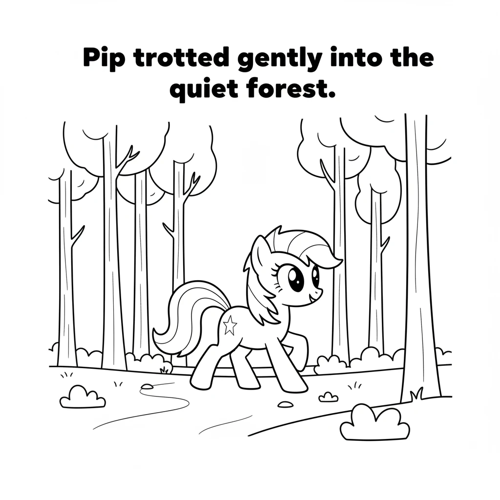 Pip trotted gently into the quiet forest. Tall, simple trees stood all around, their branches reaching up high. Little rounded bushes dotted the path,
