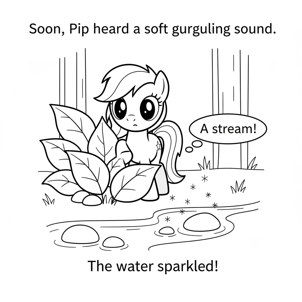 Soon, Pip heard a soft gurgling sound. Peeking through some leaves, Pip found a small, clear stream bubbling over smooth, round stones. The water spar