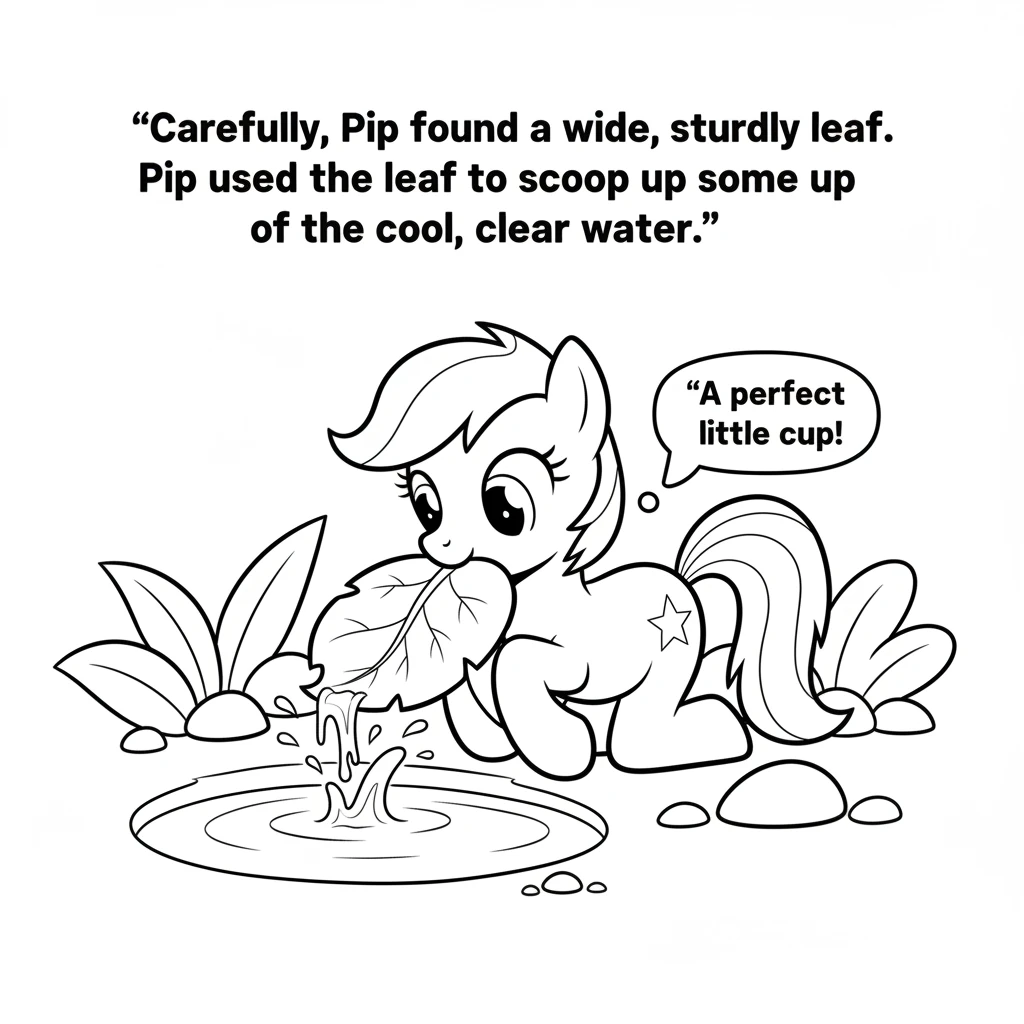 Carefully, Pip found a wide, sturdy leaf. Pip used the leaf to scoop up some of the cool, clear water. It was a perfect little cup for carrying.