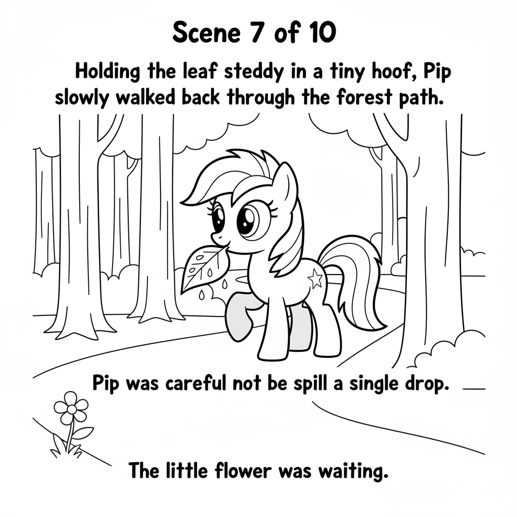 Holding the leaf steady in a tiny hoof, Pip slowly walked back through the forest path. Pip was careful not to spill a single drop. The little flower