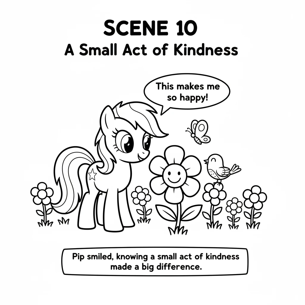 Pip felt a wonderful warmth inside, seeing the happy flower. Other little forest friends, a bird and a butterfly, came to admire the bloom. Pip smiled