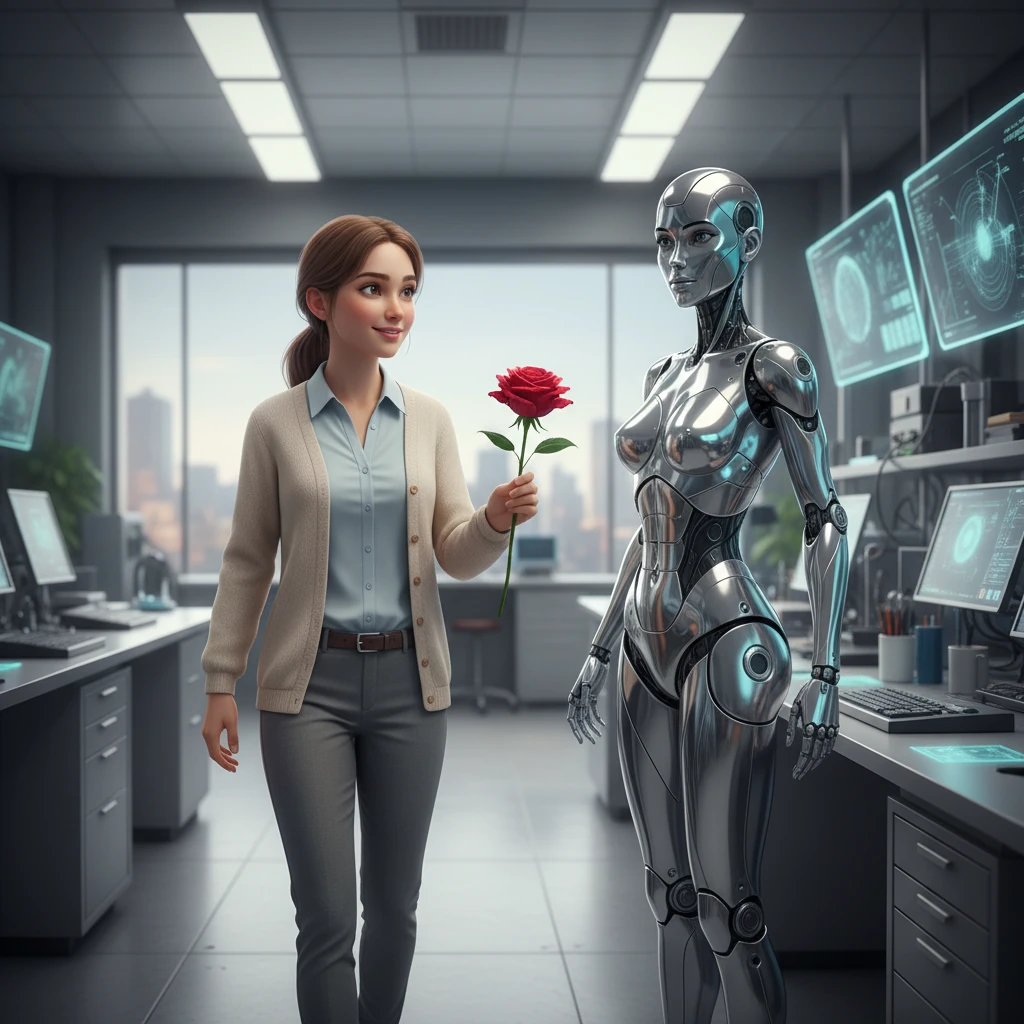 A young woman named Lily, with kind eyes and a gentle smile, entered the lab, holding a vibrant crimson rose. She was a human emotions researcher, drawn to Aura's perfect rationality. Lily believed there was something profound to be learned from a being that could think but not feel.