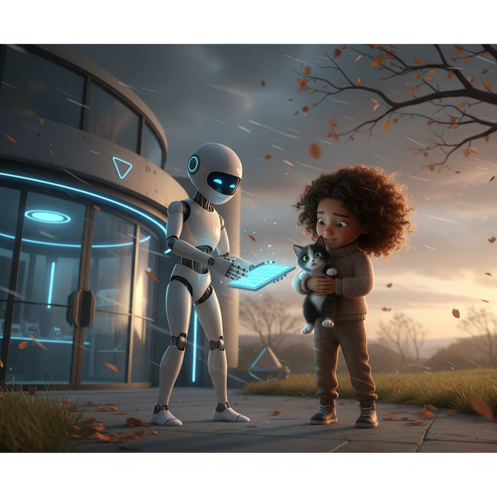 One blustery afternoon, they discovered a small, frightened kitten huddled outside the lab's entrance, shivering. Aura immediately calculated the optimal way to provide warmth and shelter, moving with precise, efficient movements. Lily, however, scooped up the kitten, her touch gentle and reassuring.