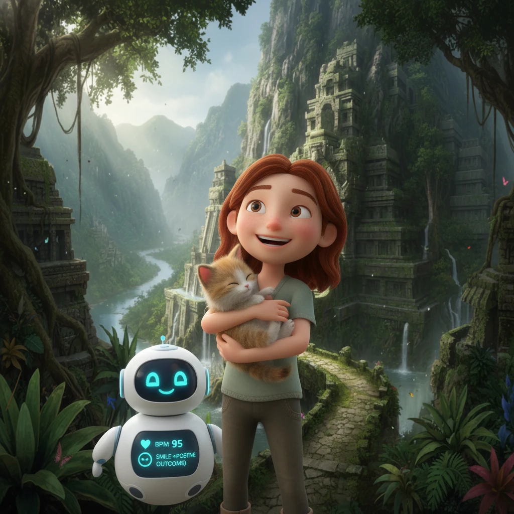 As the kitten purred contentedly in Lily's arms, a wave of relief washed over her, and she smiled brightly at Aura. Aura's sensors registered Lily's elevated heart rate and the upward curve of her lips. It began to associate this 'smile' with the successful outcome of their interaction with the kitten.